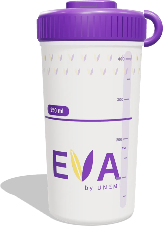 Shaker EVA blanco con tapa morada, vista de frente